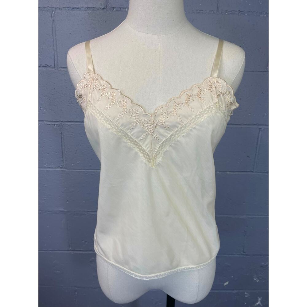 Vintage 1980s Beige Barbizon Semi Sheer Cotton Blend Embroidered Camisole Top SM